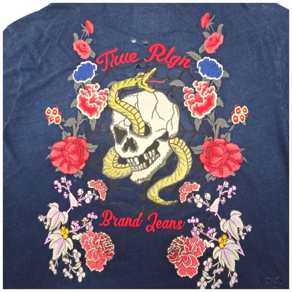True Religion XXL Distressed Unisex Navy T-Shirt Skull Snake Roses Single Stitch